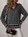 V-Neck Striped Decor Long Sleeve Sweater