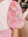SHEIN Kids Nujoom Tween Girls' Cute Floral Applique Round Neck Puff Sleeve T-Shirt