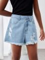 SHEIN Tween Girls' Elastic-Free Frayed Hem Casual Denim Shorts