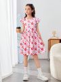 SHEIN Kids Cooltwn Tween Girl Casual Knitted Round Neck Ruffle Sleeve Dress For Spring/Summer