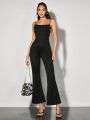 SHEIN BAE Black Exquisite Rhinestone Chain Side Hollow Out Cross Design Night Club Party V-Neck Flare Jumpsuit For Going Out, Summer, Vintage