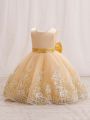 Young Girl Embroidery Mesh Overlay Bow Back Gown Dress