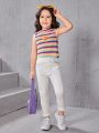 SHEIN Slim Fit Casual Striped Vest With Floral Velveteen Detail For Little Girls