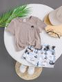 SHEIN Baby Boy Casual Vacation Palm Tree Print Short Sleeve Top And Shorts Set