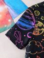 2pcs/Set Young Boys' Cool Fluorescent Galaxy Pattern Printed Round Neck T-Shirt And Tight Pants Pajamas For Summer