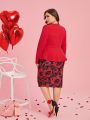 SHEIN Clasi Plus Size Women's Shawl Collar Long Sleeve Blazer And Floral Printed Knee Length Skirt Set