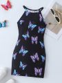 SHEIN Kids Y2Kool Little Girls' Butterfly Printed Halter Neck Dress, Spring/Autumn