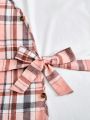 SHEIN Kids EVRYDAY Tween Girls' Knitted Round Neck Patchwork Woven Plaid Integration Casual Dress