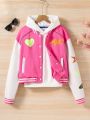 Teen Girl Heart & Letter Graphic Striped Trim Drop Shoulder Varsity Jacket Without Hoodie