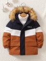 SHEIN Kids EVRYDAY Young Boy Colorblock Letter Embroidery Fuzzy Trim Hooded Thermal Lined Fleece Lined Coat