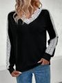 Lace Patchwork V-Neck Long Sleeve Sweatshirt