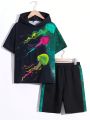 SHEIN Boys' Colorful Jellyfish Print Short Sleeve Hooded Top And Shorts Set