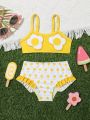 Baby Girl Polka Dot Printed Swimsuit Set With 3d Embroidered Top And Printed Bottoms
