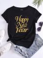 Teen Girls' Happy New Year Printed Short Sleeve T-Shirt