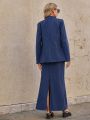 SHEIN Privé Women's Striped Long Sleeve Blazer Vest And Skirt Three Piece Suit