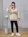 SHEIN Kids HYPEME Big Girls' Fashionable Street Style Letter Print Striped V-neck Drop Shoulder Sweatshirt With Trim Detail