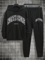 Extended Sizes Men's Letter Print Hooded Sweatshirt And Pants Tracksuit Set