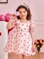 SHEIN Kids CHARMNG Little Girls' Square Neck Puff Sleeve Mesh Strawberry Pattern Dress