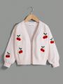 SHEIN Kids EVRYDAY Young Girl Cherry Embroidery Lantern Sleeve Duster Cardigan