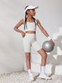 SHEIN Tween Girl Seamless Knitted Jacquard U Neck Vest Shorts Two-Piece Athletic Set
