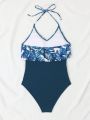 Women's One-piece Swimsuit With Tropical Print And Color Blocking