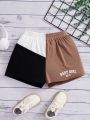 SHEIN Kids SUNSHNE Tween Girls' Knit Color Block Letter Print Loose Fit Casual Shorts