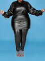 Plus Size Women'S Long Sleeve Pu Leather Top And Pants Set