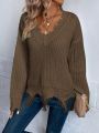 Fleece-lined Vintage Distressed Edges V-neck Pullover Sweater