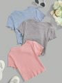SHEIN Kids EVRYDAY 3pcs/Set Tween Girls' Round Neck Slim Fit Casual Short Sleeve T-Shirt With Ruffled Hem
