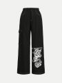 SHEIN Teenage Girls' Woven Chinese Dragon Pattern Casual Pants With Pockets