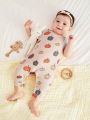 SHEIN Infant Girls' Boys' Cartoon Pumpkin Pattern Sleeveless Jumpsuit With Round Collar And Suspenders