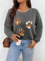 Women's Printed Round Neck Sweatshirt With Dog Paw Pattern