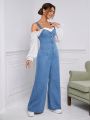 SHEIN Frenchy Button Front Wide Leg Denim Overalls Without Top