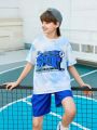 SHEIN Tween Boys' Loose Fit Casual Tie-Dye Slogan Print Round Neck Short Sleeve T-Shirt & Solid Color Shorts Set