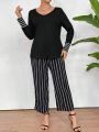 Plus Size Women'S Round Neck Long Sleeve T-Shirt And Striped Pants Set