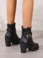 Women's Black Round Toe Chunky Heel Lace-up Fashion Boots, Pu