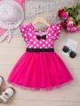 SHEIN Kids QTFun Little Girls' Knitted Polka Dot Patchwork Flying Sleeve Mesh Dress With Bowknot Decoration