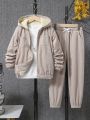 SHEIN Kids EVRYDAY Boys Dual Pocket Hooded Jacket & Knot Front Pants Without Tee