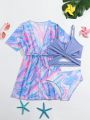 Toddler Girls' Criss-cross Detail Marble Print Bikini Swimming Suit Set With Kimono Cover-up