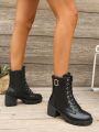 Women's Pu Leather Face Strap Thick Heel High-heel Boots With Fleece