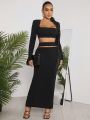SHEIN SXY Women's Sexy Cut Out High Waist Long Midi Skirt Set, Black