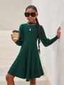 SHEIN Kids Cooltwn Teen Girls' Sporty Knit Solid Color Stand Collar Long Sleeve Dress For Streetwear