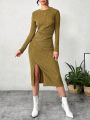 SHEIN Essnce Women's Knitted Long Sleeve Split Hem Dress