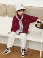 SHEIN Toddler Boys' Leisure Loose Turtleneck Knitted Sweater With Woven Label, Long Sleeve Top And Stripe Scarf Set