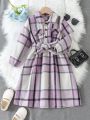 SHEIN Kids EVRYDAY Girls' Romantic Plaid Shirt Collar Long Sleeve Buttoned Long Dress With Belt For Autumn, Fashionable