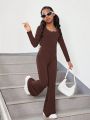 SHEIN Kids Cooltwn Tween Girls' Streetwear Knitted Solid Color Square Neck Long Sleeve Jumpsuit