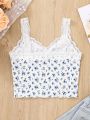 SHEIN Teens' Knitted Spliced Lace Trim Floral Pattern Casual Camisole Vest Top