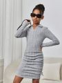 SHEIN Kids Cooltwn Big Girls' Street Style V-neck Knitted Solid Color Sporty Long Sleeve Dress