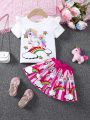 SHEIN Kids QTFun Toddler Girls' Lovely Unicorn Pattern T-Shirt And Skirt Set