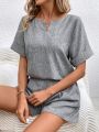 SHEIN LUNE Women's Solid Color Notched Collar Flare Sleeve Top And Shorts Set
